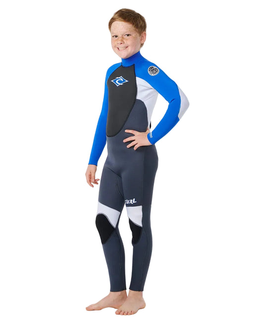 Side view of Rip Curl Kids Omega 3/2 Back Zip Steamer Wetsuit in blue shed nine