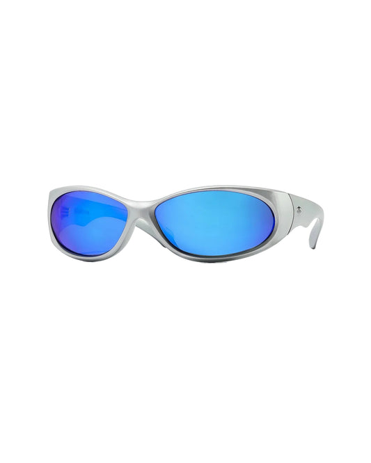 Angled view of Ritual Vision Demon Speed Sunglasses in Matte Chrome / Blue Reflective Polarised 65 mm shed nine