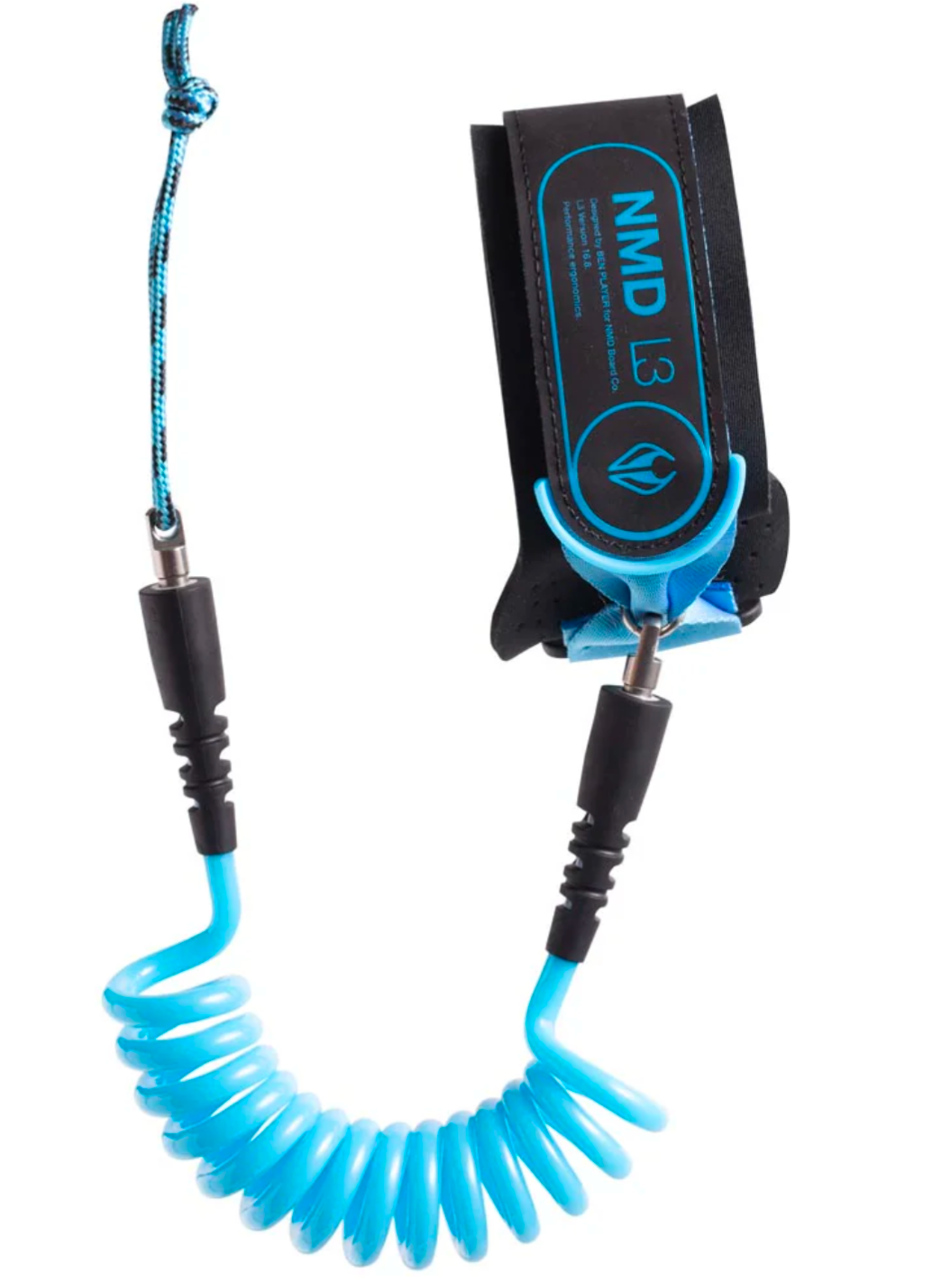 Blue and black leash with a coiled design on a white background