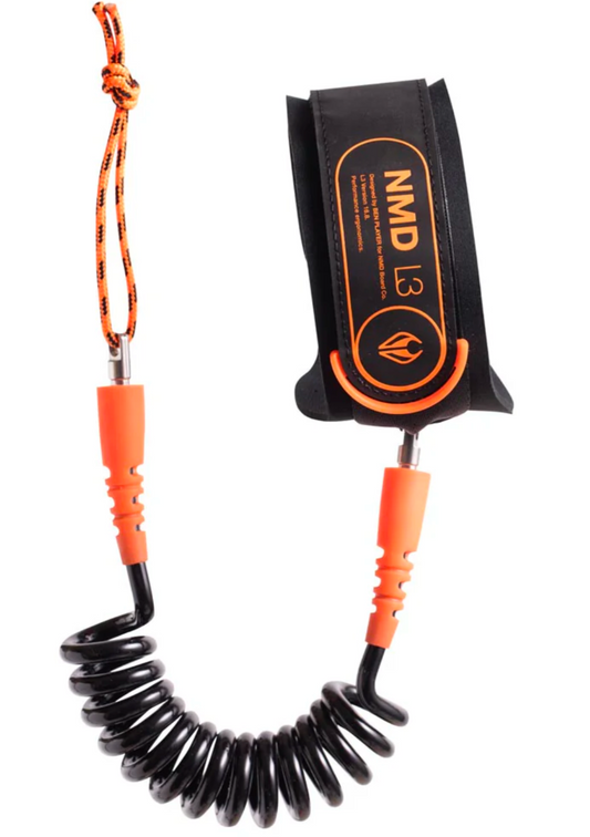 Coiled leash with orange accents and 'NMD' branding on a white background