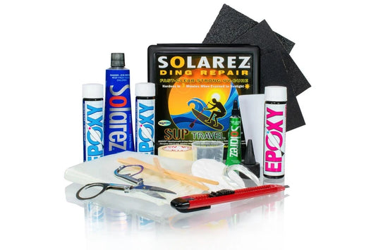 shed nine Solarez Dino Repair kit with various tools and products on a white background