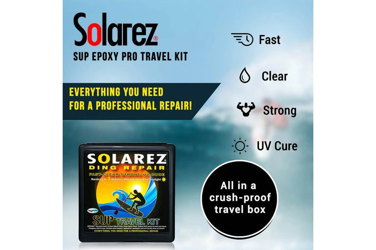 shed nine Solarez SUP Epoxy Pro Travel Kit packaging with branding and product features on a blue background.