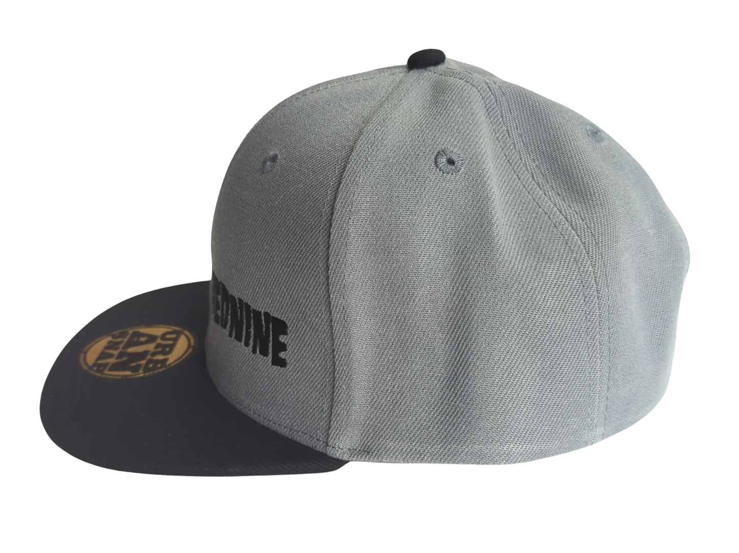 Gray and black cap with branding on a white background