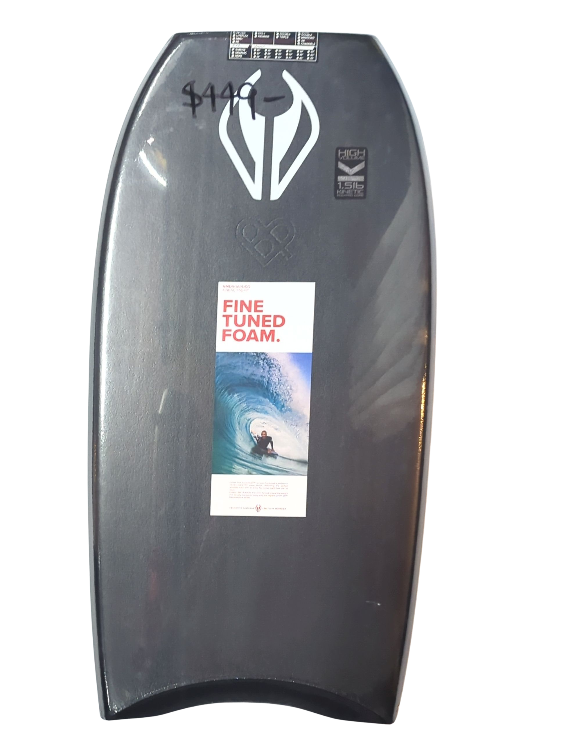 Black bodyboard with branding and text on a white background