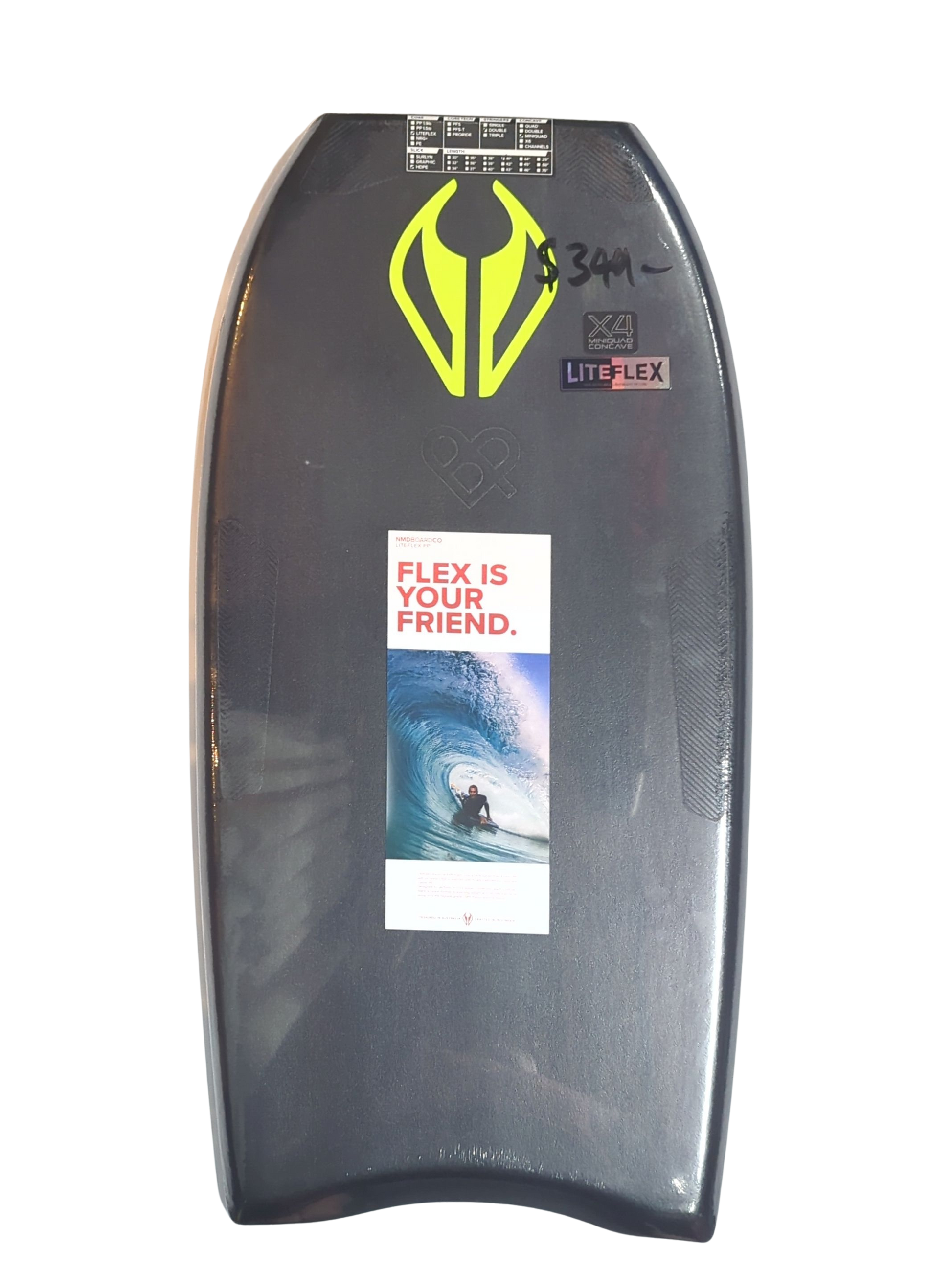 Bodyboard with branding and text on a white background