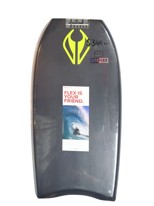 Bodyboard with branding and text on a white background