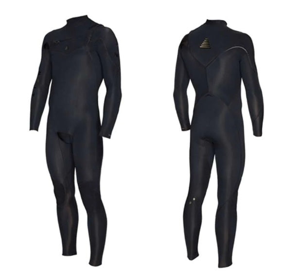 Black wetsuit shown from front and side views on a white background