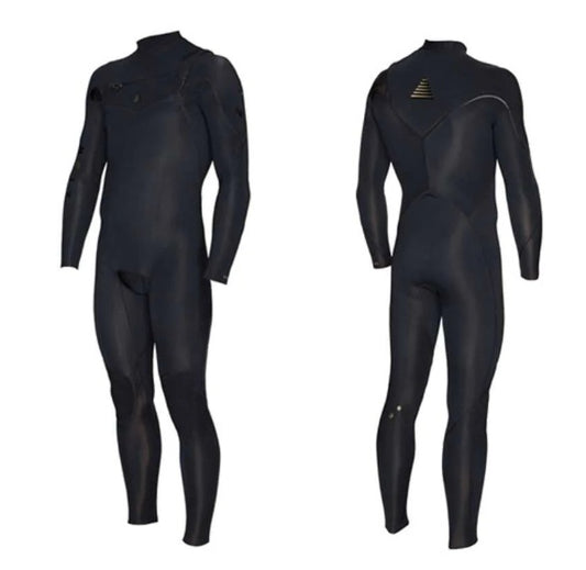 Black wetsuit shown from front and side views on a white background