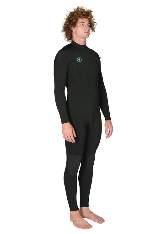 Side view of Vissla Men’s 7 Seas 4/3 Full Chest Zip Steamer Wetsuit in black shed nine