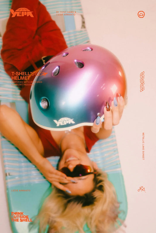 Lifestyle image of YEPA T-Shell Pro Lizzie Helmet in Metallic Lake Sunset shed nine