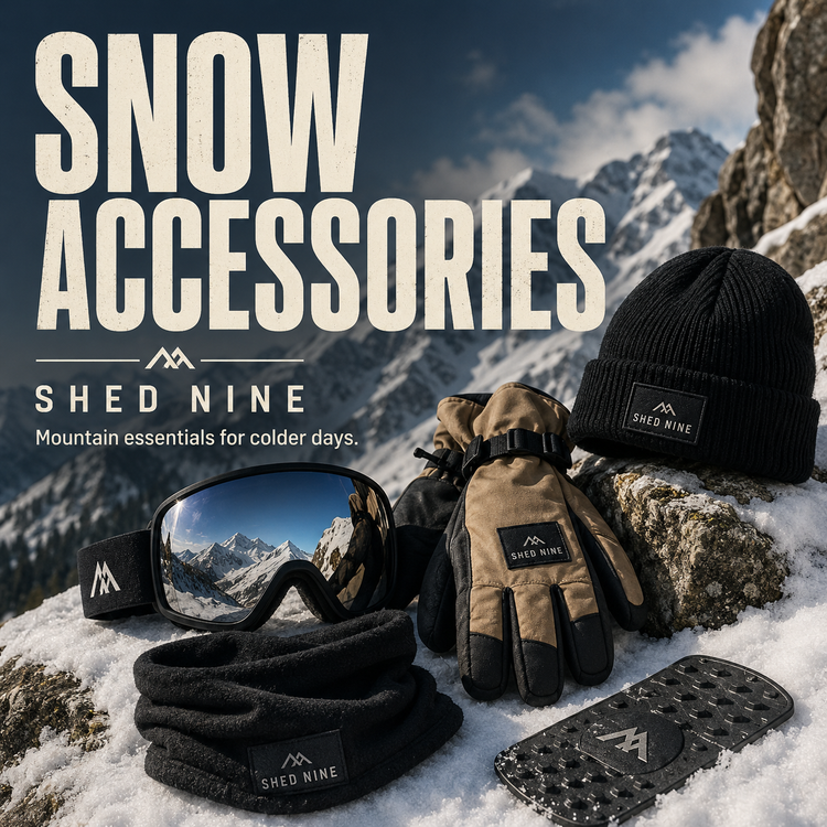 Snow accessories, snowboard gear and winter essentials available at Shed Nine
