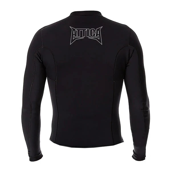 Black long-sleeve shirt with a brand logo on the back against a white  SHED NINE background