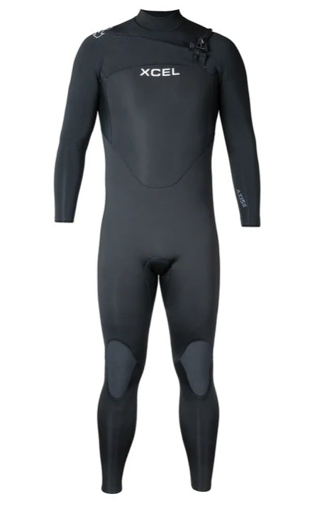 Black wetsuit with XCEL branding on a white background