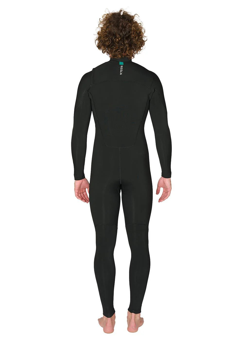 Back view of Vissla Men’s 7 Seas 4/3 Full Chest Zip Steamer Wetsuit in black shed nine