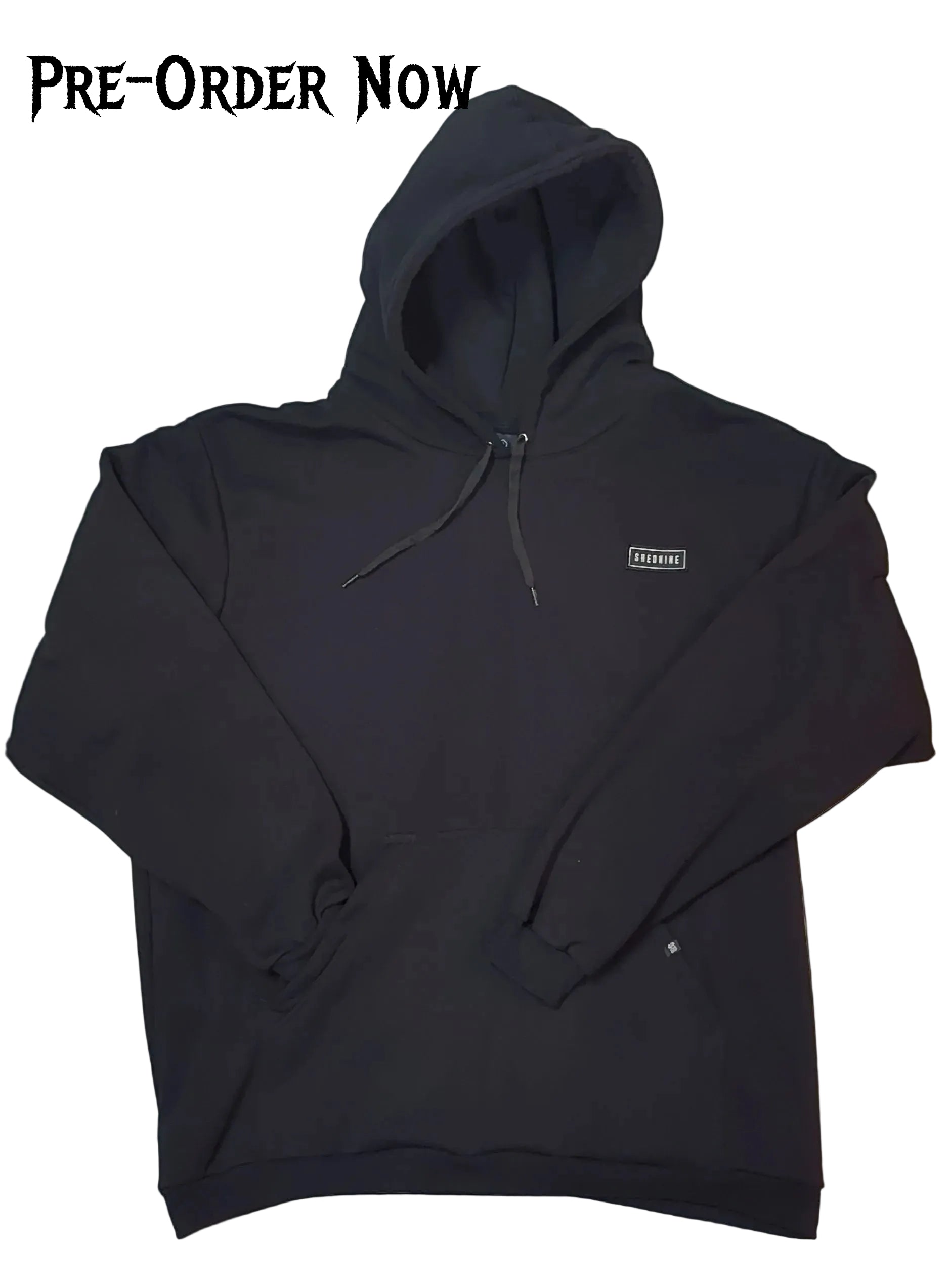 Black hoodie with a small logo on a white background, pre-order now text at the top.