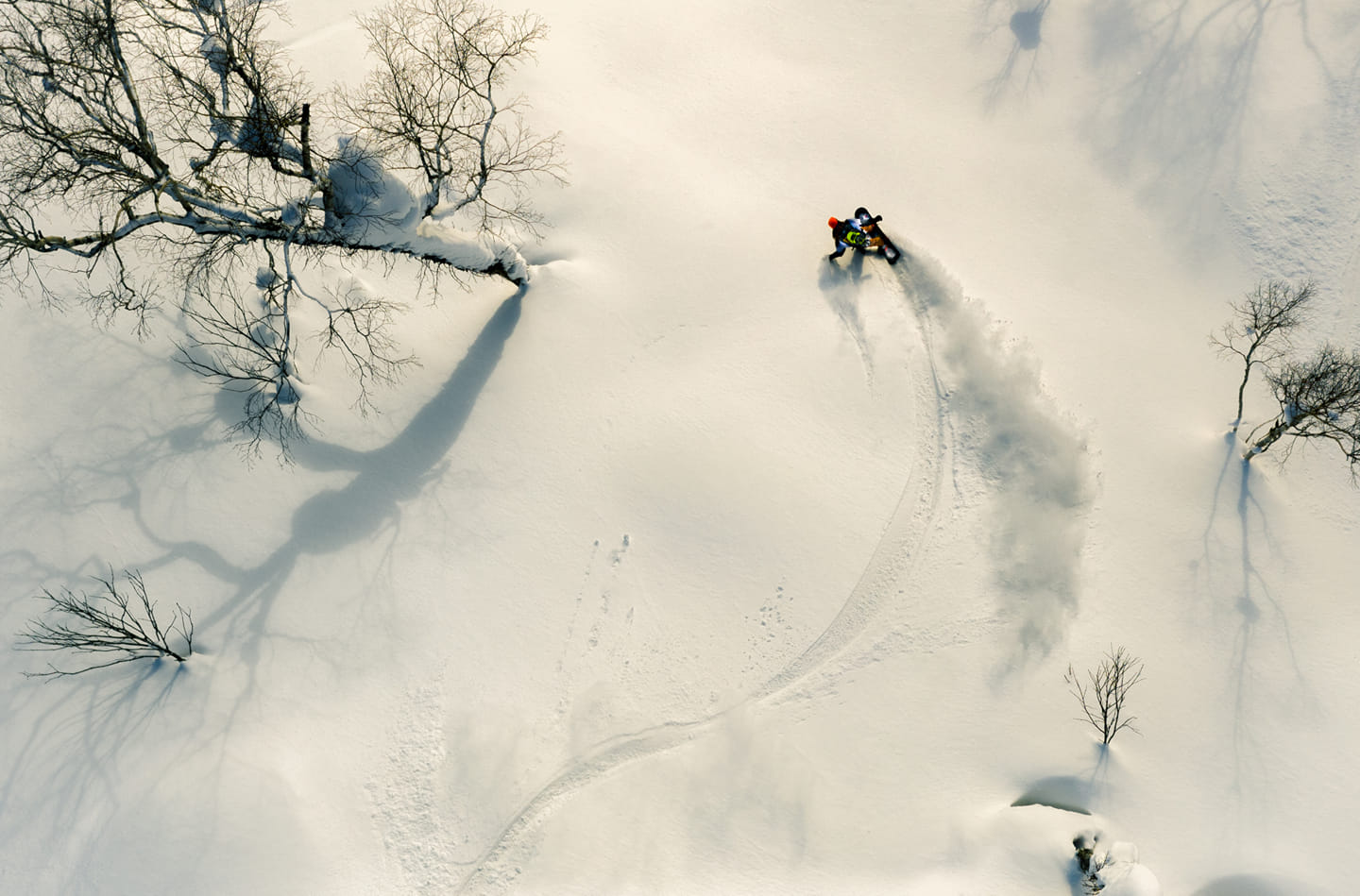 Two people on a snowmobile in a snowy landscape with trees.