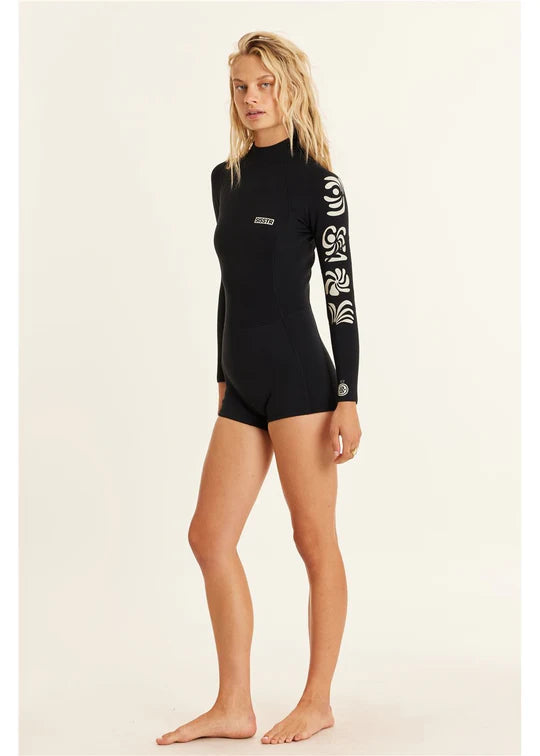 Person wearing a black wetsuit with white graphics on a beige background shed nine