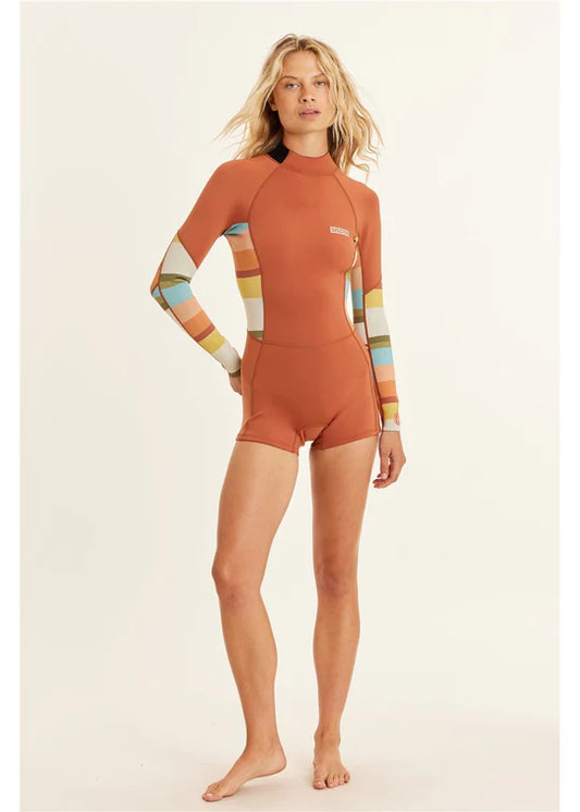 Person wearing a brown swimsuit with colorful sleeves on a beige background shed nine