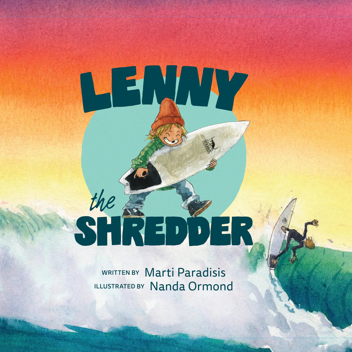 Book cover of 'Lenny the Shredder' with a colorful background and illustration of a child on a surfboard. shed nine