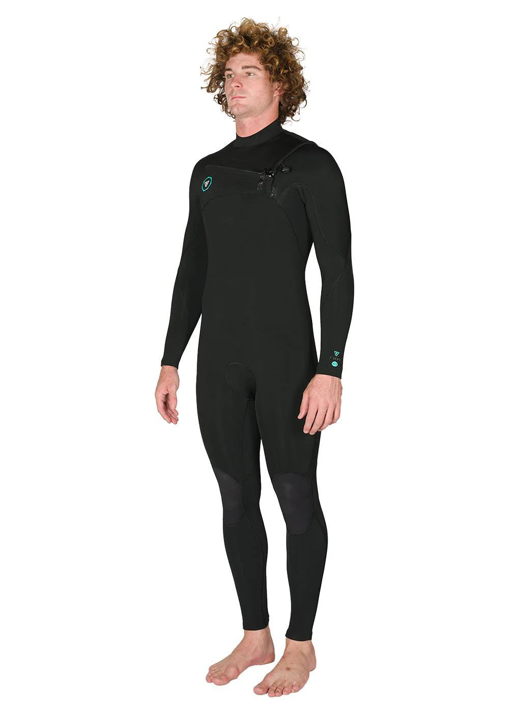 Angled model view wearing Vissla Men’s 7 Seas 4/3 Full Chest Zip Steamer Wetsuit in black shed nine