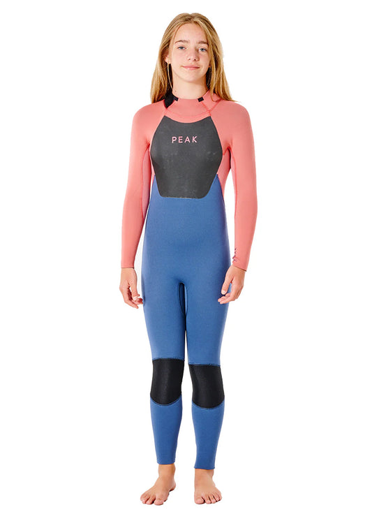 Person wearing a blue and pink wetsuit with 'PEAK' branding on a white background shed nine