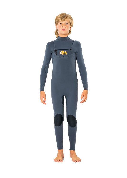 Child wearing a gray wetsuit with a brand logo on a white background shed nine