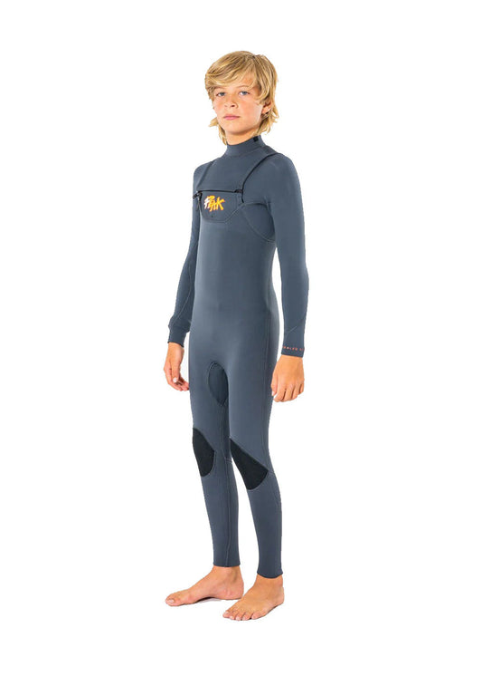 Child wearing a gray wetsuit on a white background shed nine