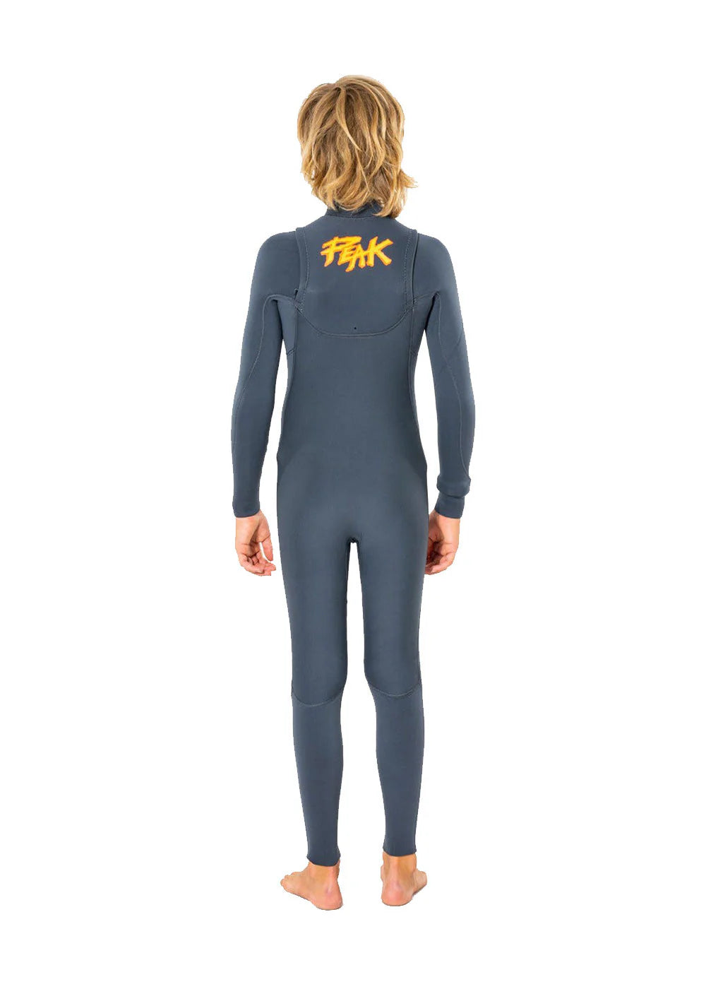 Person wearing a gray wetsuit with a yellow logo on the back, standing against a white background. shed nine