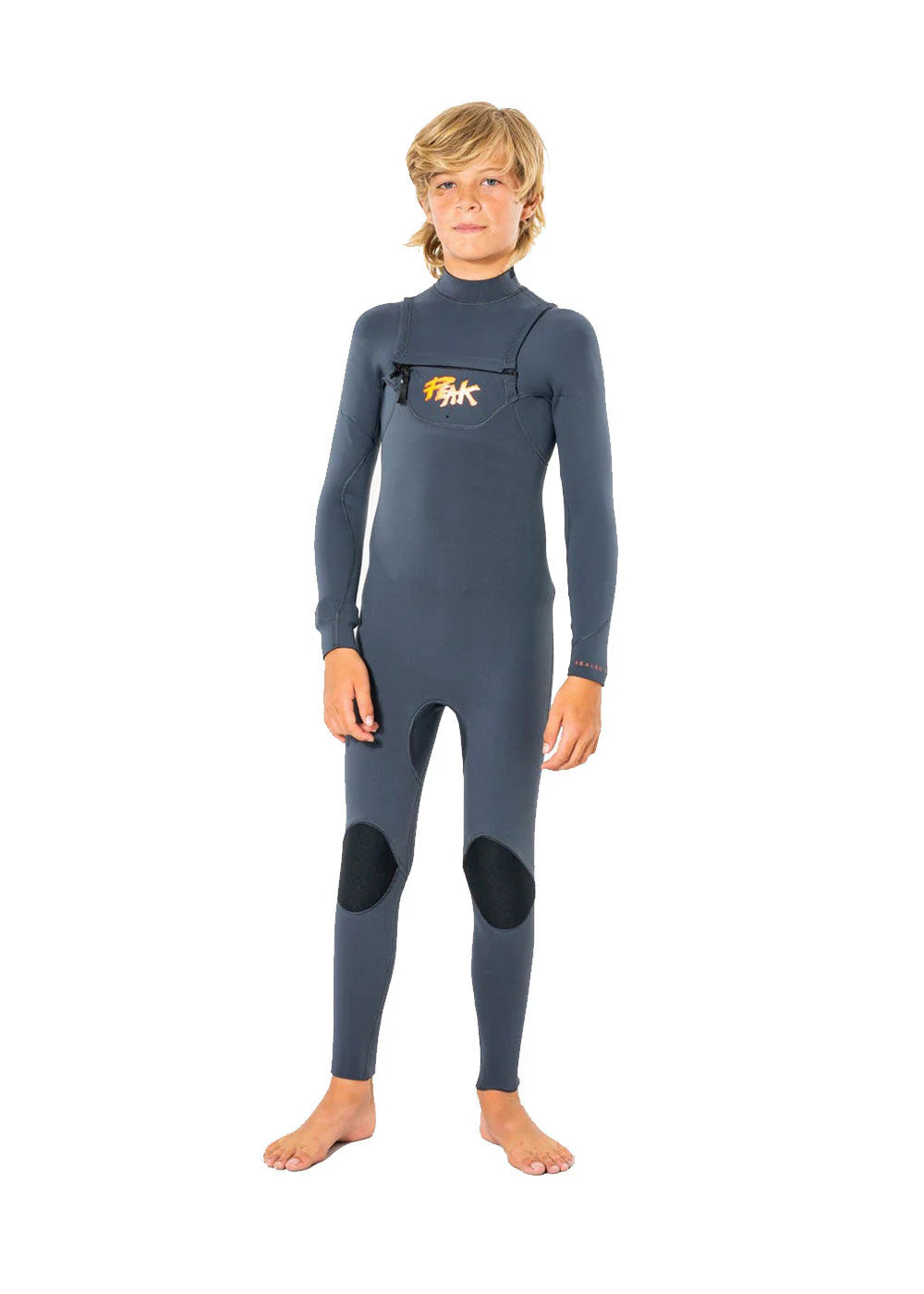 Child wearing a gray wetsuit with a logo on a white background shed nine