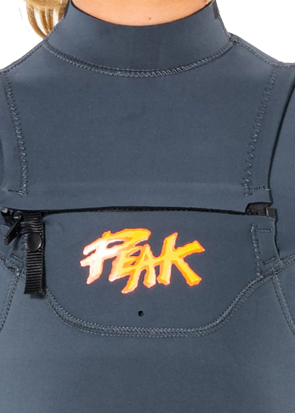 Navy blue wetsuit with orange 'Freak' logo on chest pocket shed nine