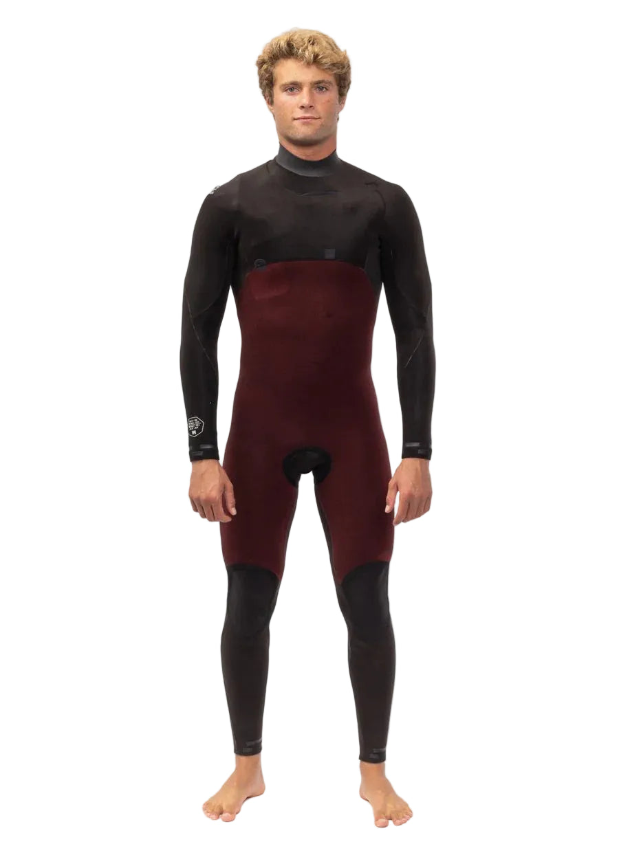 Man wearing a black and red wetsuit on a white background SHED NINE