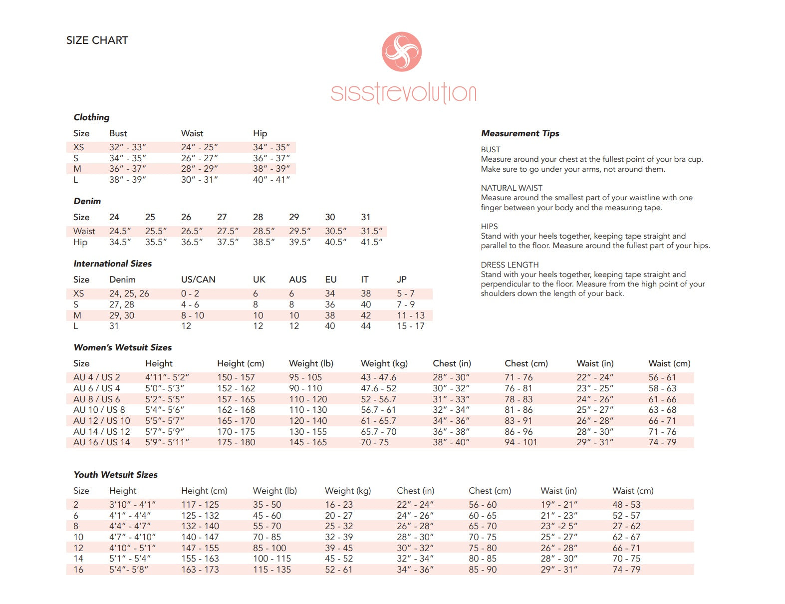 Size chart for clothing with measurement tips from Sissel Revolution on a white background SHED NINE