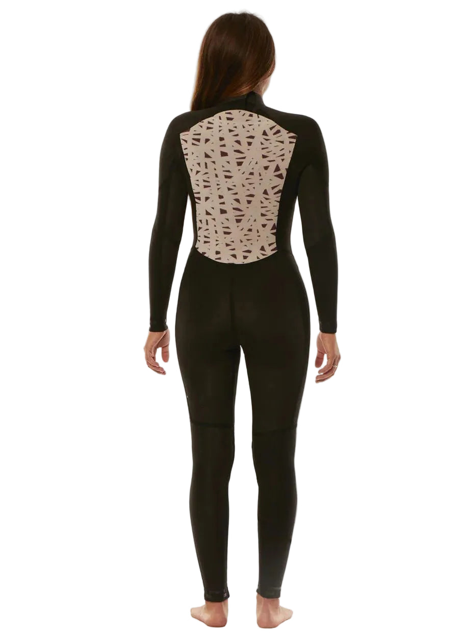 Person wearing a black wetsuit with a patterned back on a white background SHED NINE