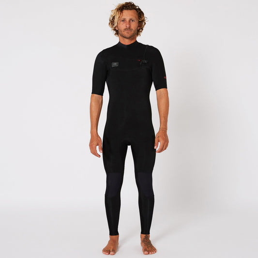 Mens Double Black Chest Zip Short Arm Steamer - 2/2mm - Shed Nine