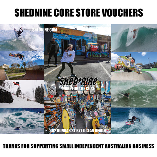Promotional collage for ShedNine Core Store Vouchers with various activities and branding.