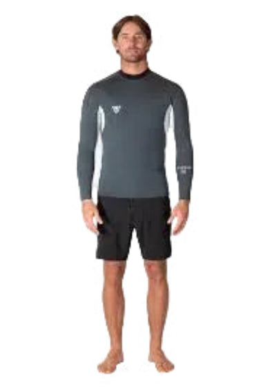 Man wearing a gray long-sleeve rash guard and black shorts on a white background shed nine