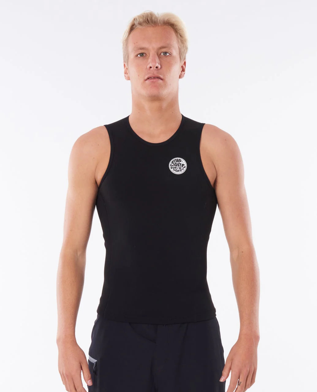 Man wearing a black sleeveless shirt with a logo on a white background shed nine