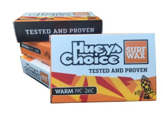Box of Huey's Choice Surf Wax with branding and product details.