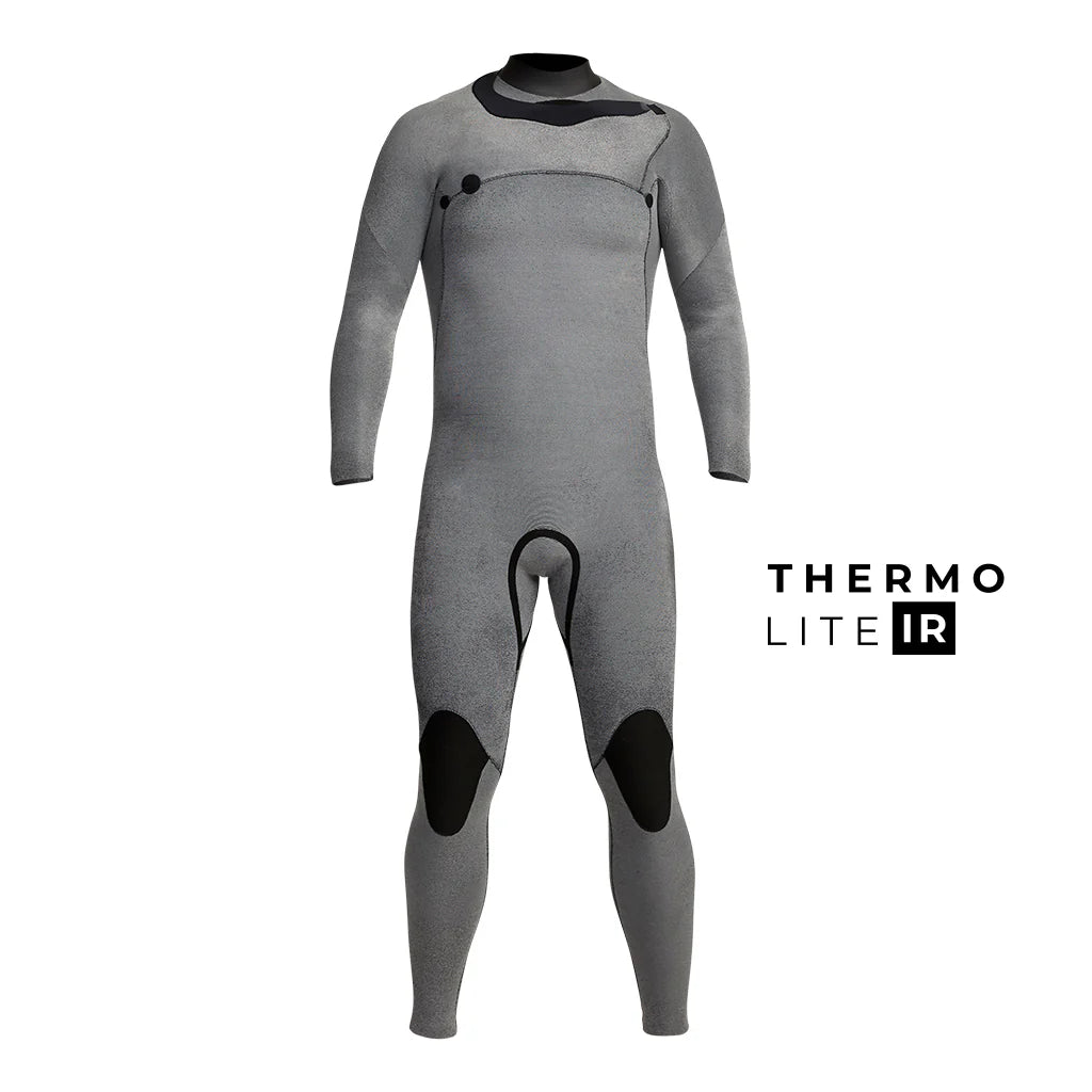 Gray wetsuit with black accents on a white background, featuring 'Thermo Lite IR' branding. shed nine