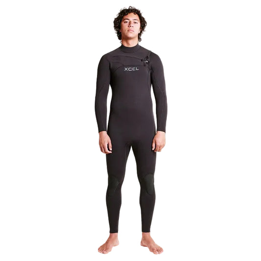 Person wearing a black XCEL wetsuit on a gray background shed nine