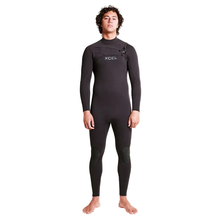Person wearing a black XCEL wetsuit on a gray background shed nine