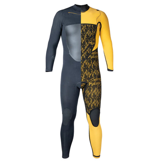Wetsuit with black and yellow design on a white background shed nine
