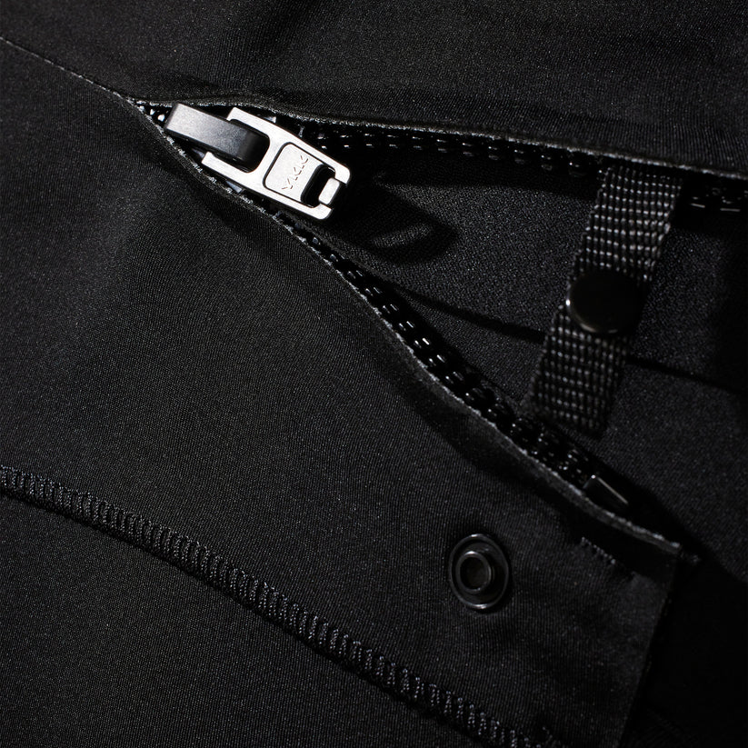 Close-up of a black jacket zipper and button details shed nine