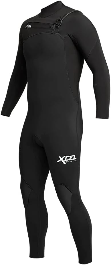Angled front view of Xcel Men’s Comp Chest Zip Steamer Wetsuit in black Shed Nine