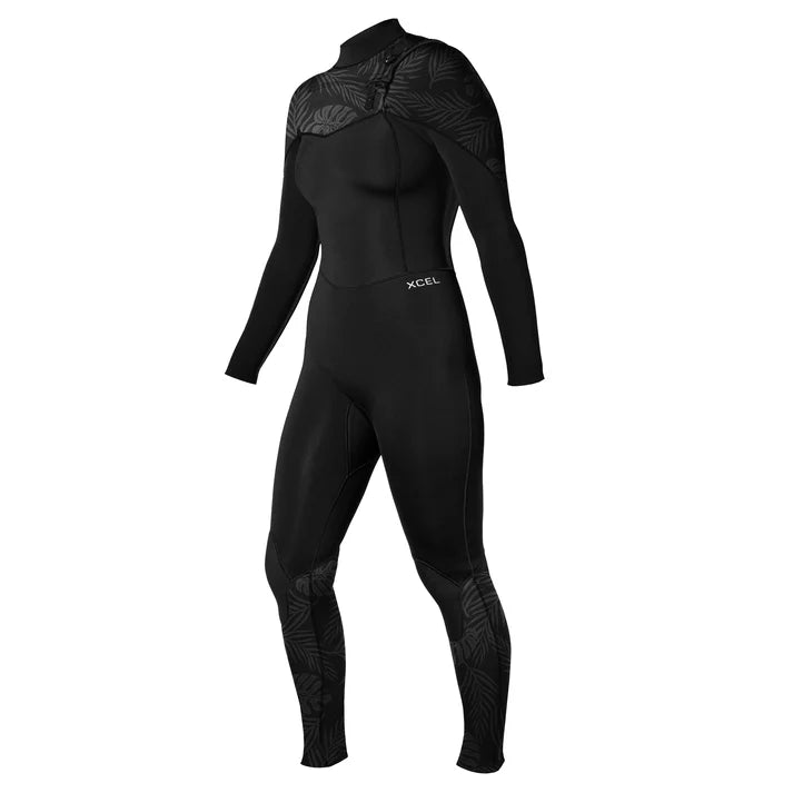 Black wetsuit with XCEL branding on a white background shed nine