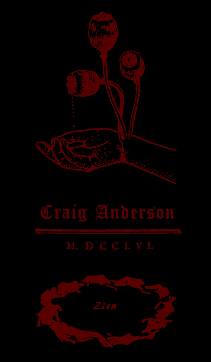 Design with a hand holding flowers, text 'Craig Anderson M.DCCCLV', and decorative elements on a black background. SHED NINE