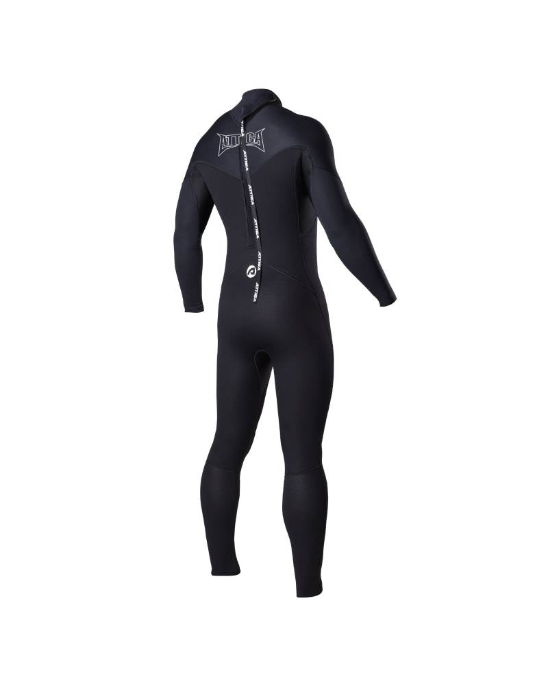 Back angle view of Attica Delta 3/2 Steamer Wetsuit in black and white showing zip entry shed nine