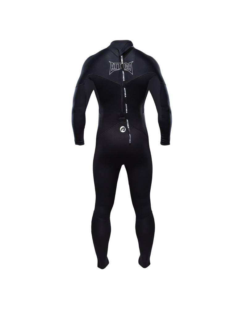 Back view of Attica Delta 3/2 Steamer Wetsuit in black and white showing zip entry shed nine