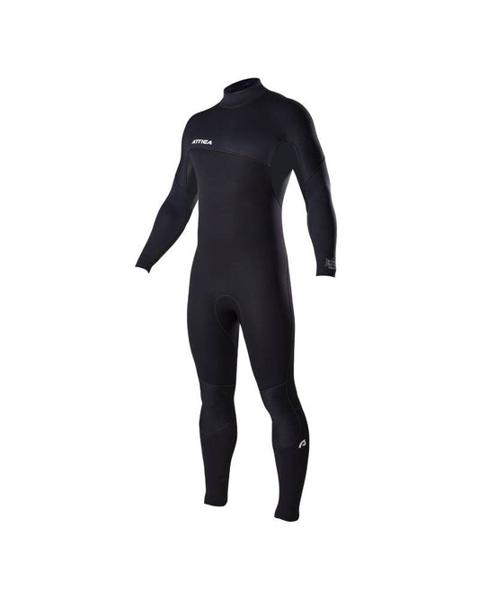 Side angle view of Attica Delta 3/2 Steamer Wetsuit in black and white shed nine