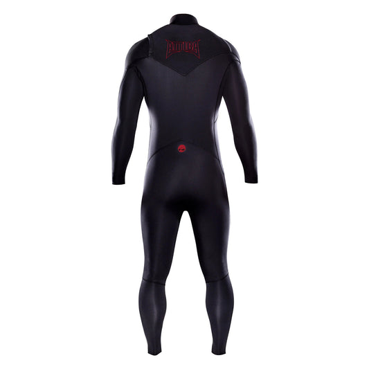 Attica Omega 3/2mm chest zip wetsuit in Black/Red, back view with red Attica logos